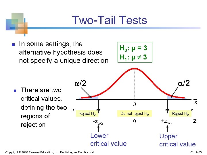 Two-Tail Tests n n In some settings, the alternative hypothesis does not specify a