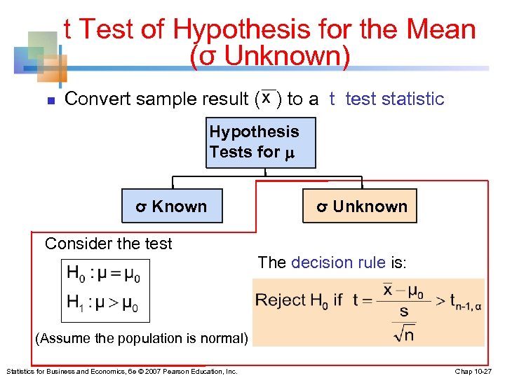 t Test of Hypothesis for the Mean (σ Unknown) n Convert sample result (