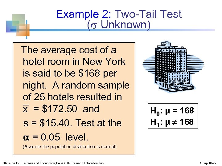 Example 2: Two-Tail Test ( Unknown) The average cost of a hotel room in