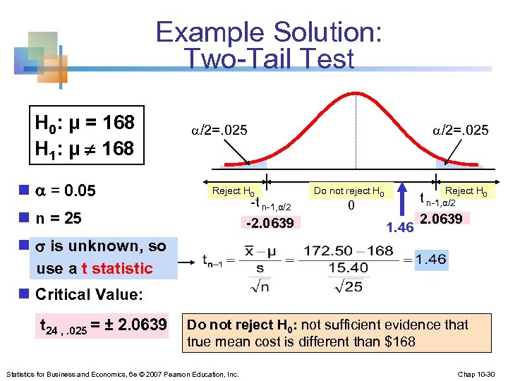 Example Solution: Two-Tail Test H 0: μ = 168 H 1: μ ¹ 168