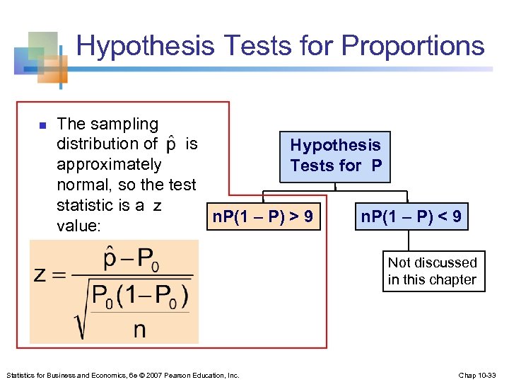 Hypothesis Tests for Proportions n The sampling distribution of is Hypothesis approximately Tests for