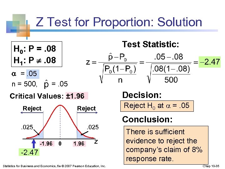 Z Test for Proportion: Solution Test Statistic: H 0: P =. 08 H 1: