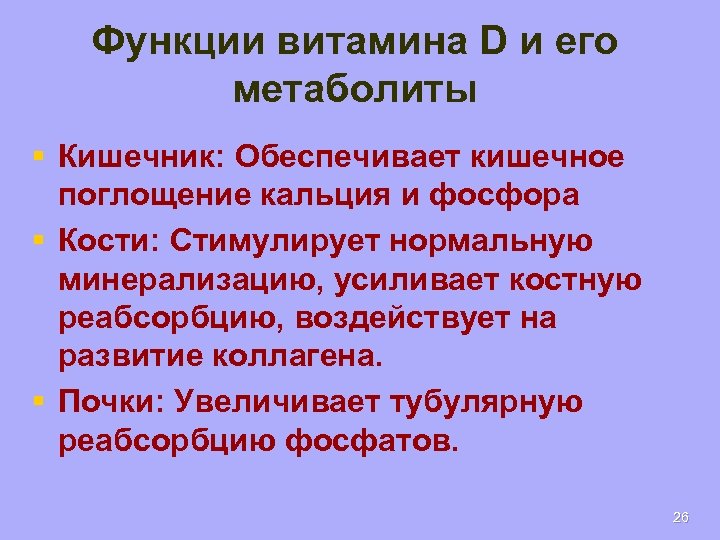 Функции витамина D и его метаболиты § Кишечник: Обеспечивает кишечное поглощение кальция и фосфора
