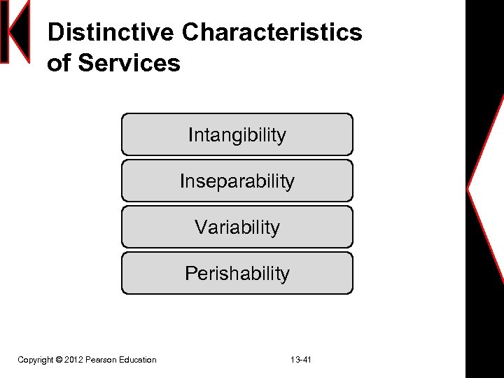 Distinctive Characteristics of Services Intangibility Inseparability Variability Perishability Copyright © 2012 Pearson Education 13