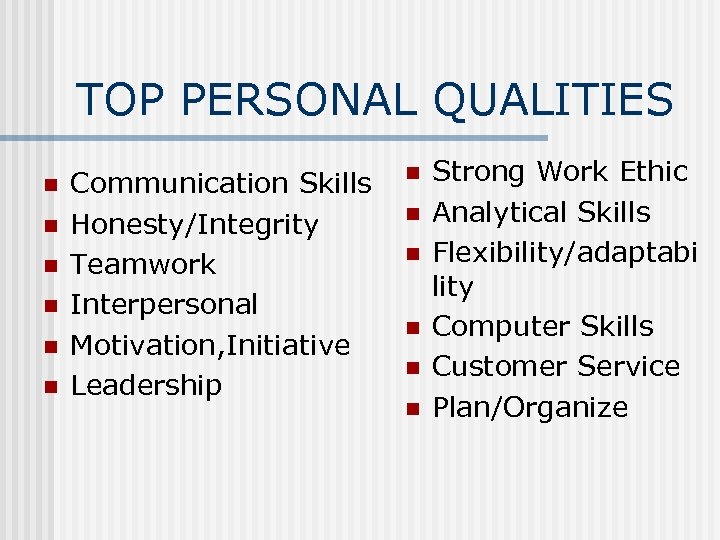 TOP PERSONAL QUALITIES n n n Communication Skills Honesty/Integrity Teamwork Interpersonal Motivation, Initiative Leadership