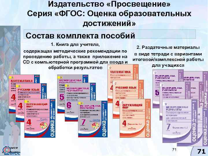 Издательство «Просвещение» Серия «ФГОС: Оценка образовательных достижений» Состав комплекта пособий 1. Книга для учителя,