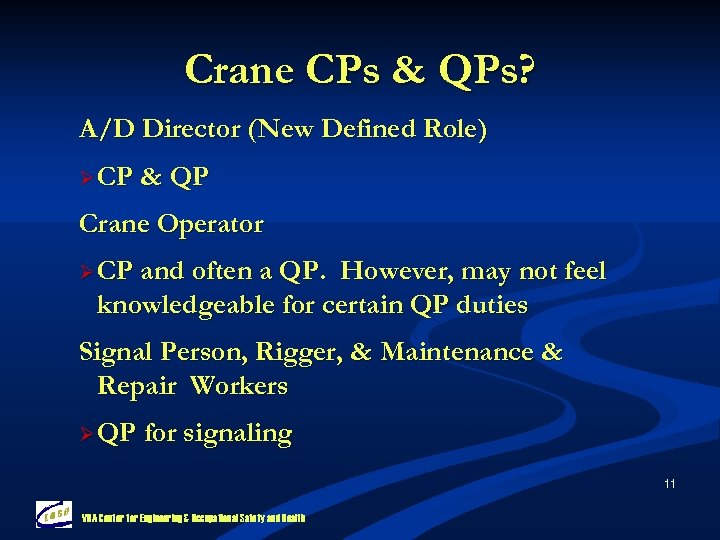 Crane CPs & QPs? A/D Director (New Defined Role) Ø CP & QP Crane