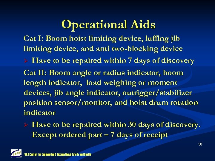 Operational Aids Cat I: Boom hoist limiting device, luffing jib limiting device, and anti