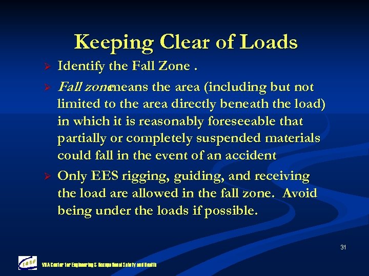 Keeping Clear of Loads Ø Ø Ø Identify the Fall Zone. Fall zone means