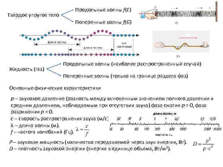 Твердое упругое тело Продольные волны f(E) Поперечные волны f(G) Жидкость (газ) Продольные волны (наиболее