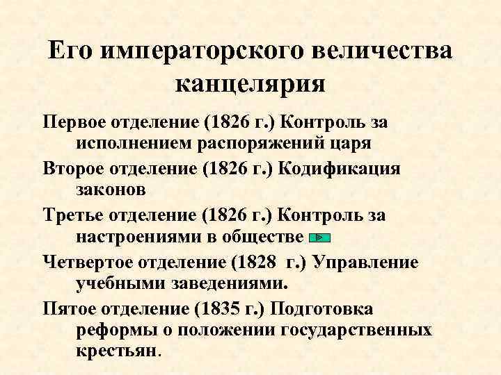 Его императорского величества канцелярия Первое отделение (1826 г. ) Контроль за исполнением распоряжений царя