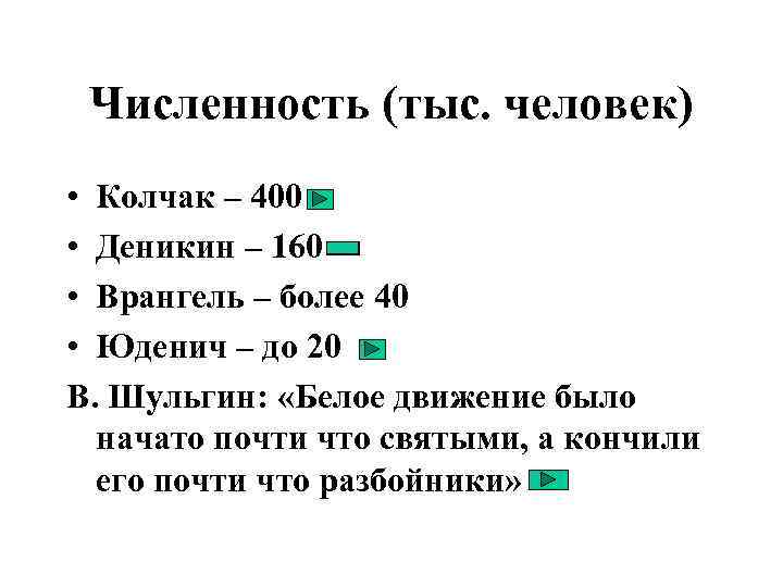 Численность (тыс. человек) • Колчак – 400 • Деникин – 160 • Врангель –
