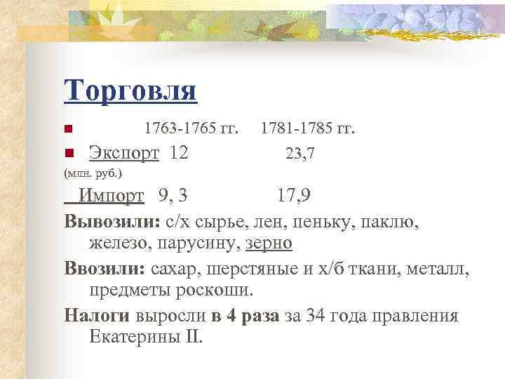 Торговля 1763 -1765 гг. n n Экспорт 12 1781 -1785 гг. 23, 7 (млн.