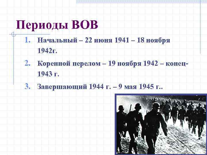 Периоды ВОВ 1. Начальный – 22 июня 1941 – 18 ноября 1942 г. 2.