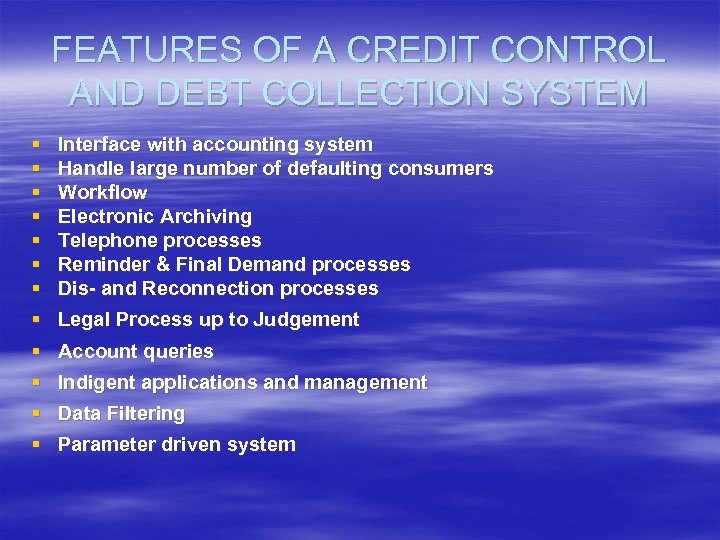FEATURES OF A CREDIT CONTROL AND DEBT COLLECTION SYSTEM § § § § Interface