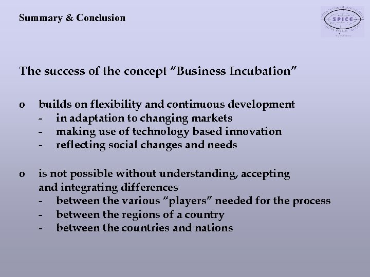 Summary & Conclusion The success of the concept “Business Incubation” o builds on flexibility