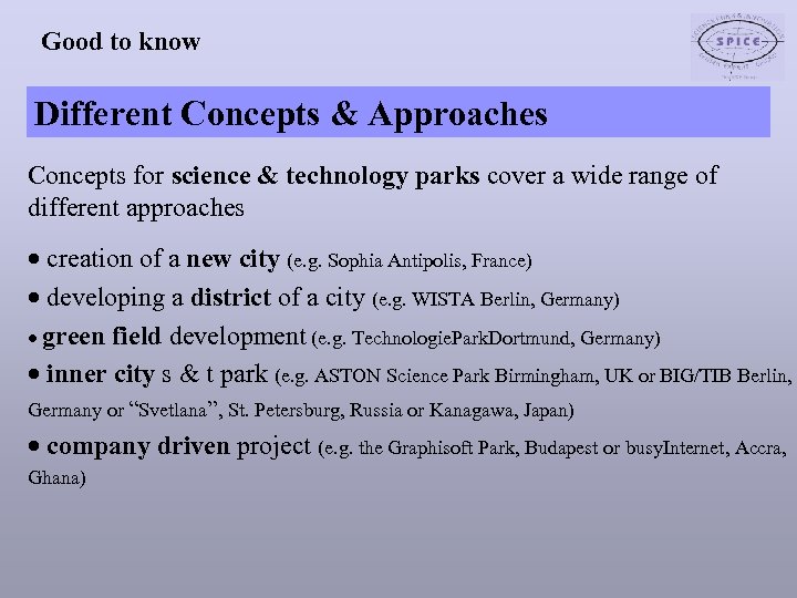 Good to know Different Concepts & Approaches Concepts for science & technology parks cover