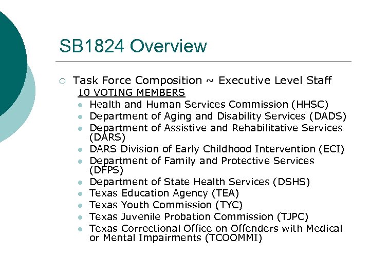 SB 1824 Overview ¡ Task Force Composition ~ Executive Level Staff 10 VOTING MEMBERS