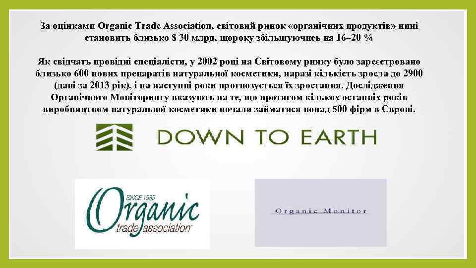 За оцінками Organic Trade Association, світовий ринок «органічних продуктів» нині становить близько $ 30