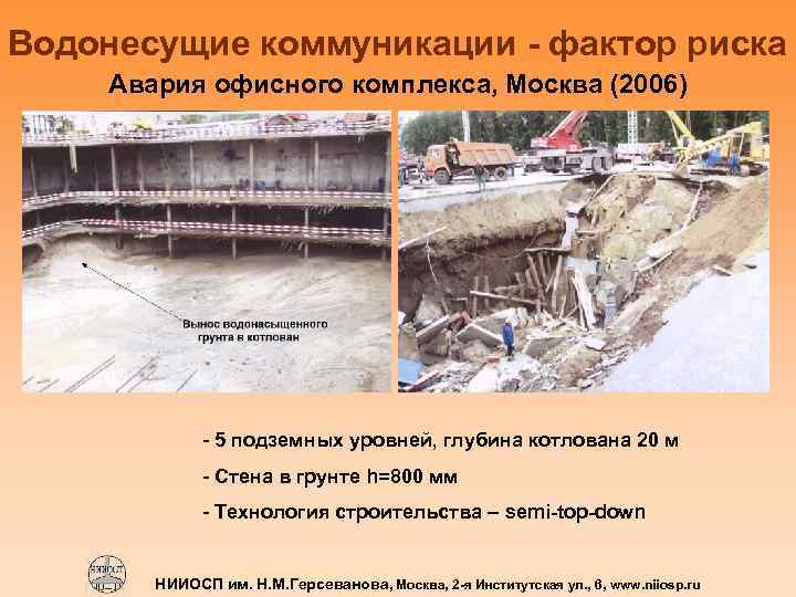 Водонесущие коммуникации - фактор риска Авария офисного комплекса, Москва (2006) - 5 подземных уровней,