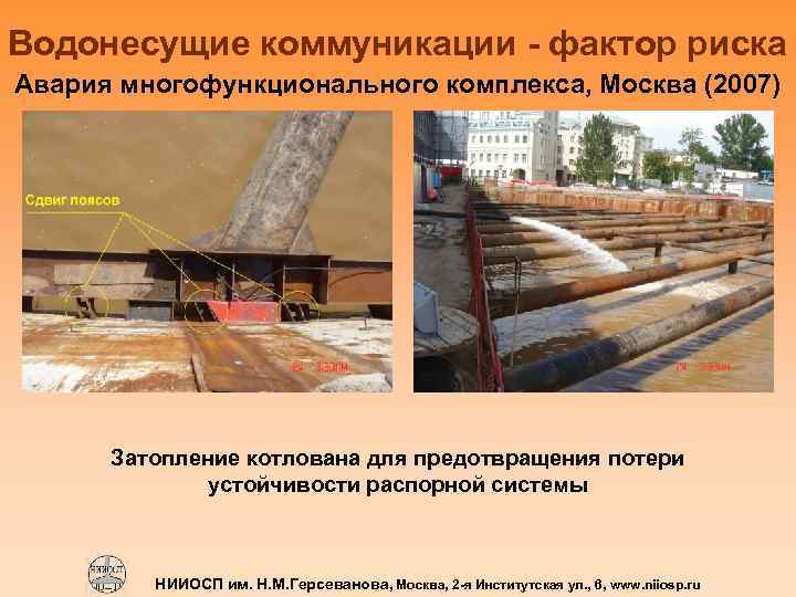Водонесущие коммуникации - фактор риска Авария многофункционального комплекса, Москва (2007) Затопление котлована для предотвращения
