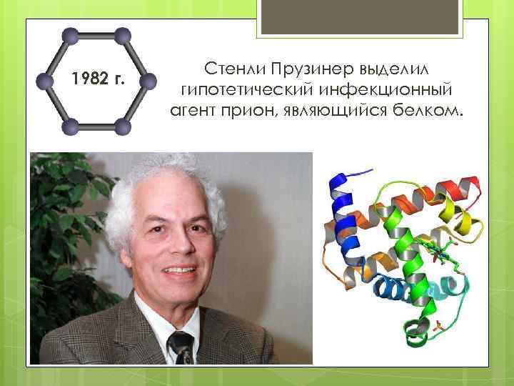 1982 г. Стенли Прузинер выделил гипотетический инфекционный агент прион, являющийся белком. 