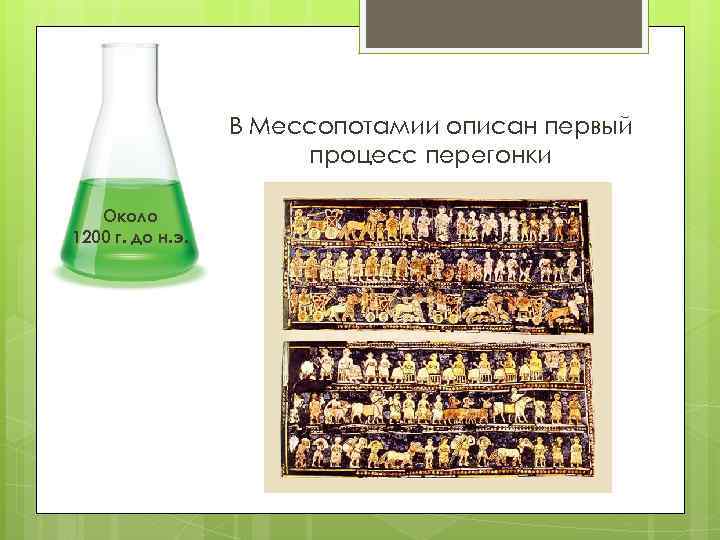 В Мессопотамии описан первый процесс перегонки Около 1200 г. до н. э. 