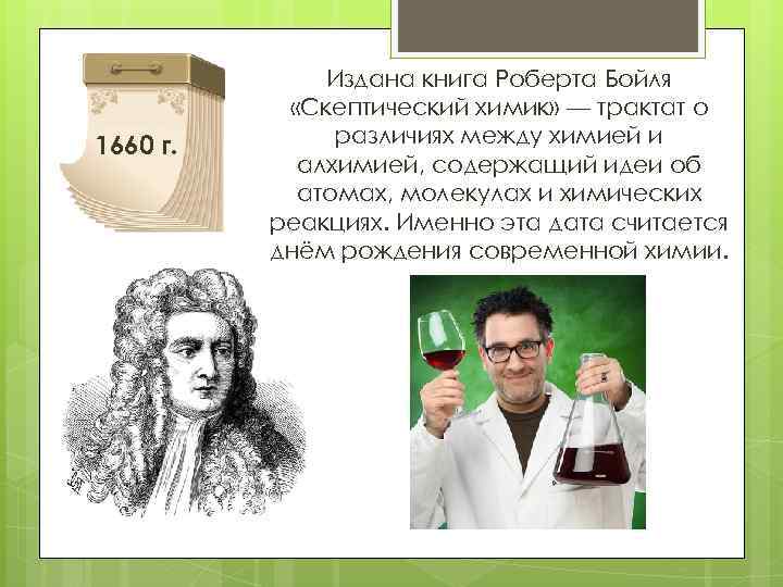 1660 г. Издана книга Роберта Бойля «Скептический химик» — трактат о различиях между химией