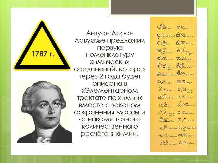 1787 г. Антуан Лоран Лавуазье предложил первую номенклатуру химических соединений, которая через 2 года