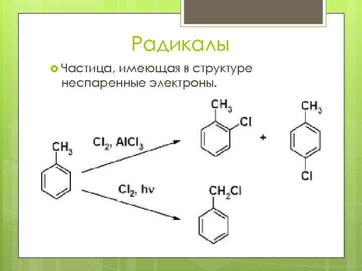 Радикалы Частица, имеющая в структуре неспаренные электроны. 