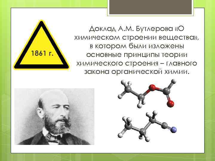 1861 г. Доклад А. М. Бутлерова «О химическом строении вещества» , в котором были