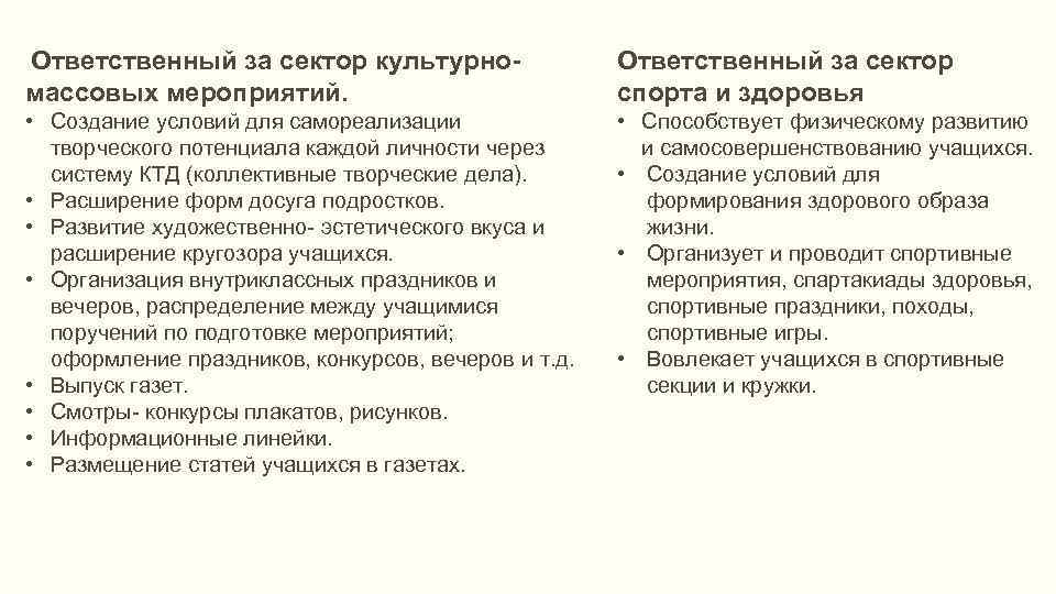  Ответственный за сектор культурно- массовых мероприятий. • Создание условий для самореализации творческого потенциала