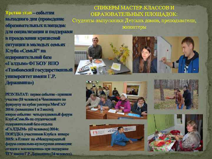 СПИКЕРЫ МАСТЕР-КЛАССОВ И Третий этап – события ОБРАЗОВАТЕЛЬНЫХ ПЛОЩАДОК: выходного дня (проведение Студенты-выпускники Детских