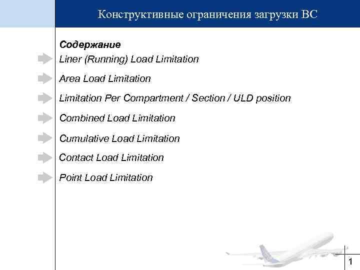 Конструктивные ограничения загрузки ВС Содержание Liner (Running) Load Limitation Area Load Limitation Per Compartment