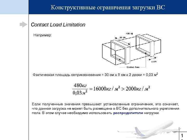 Конструктивные ограничения загрузки ВС Contact Load Limitation Например: Фактическая площадь соприкосновения = 30 см