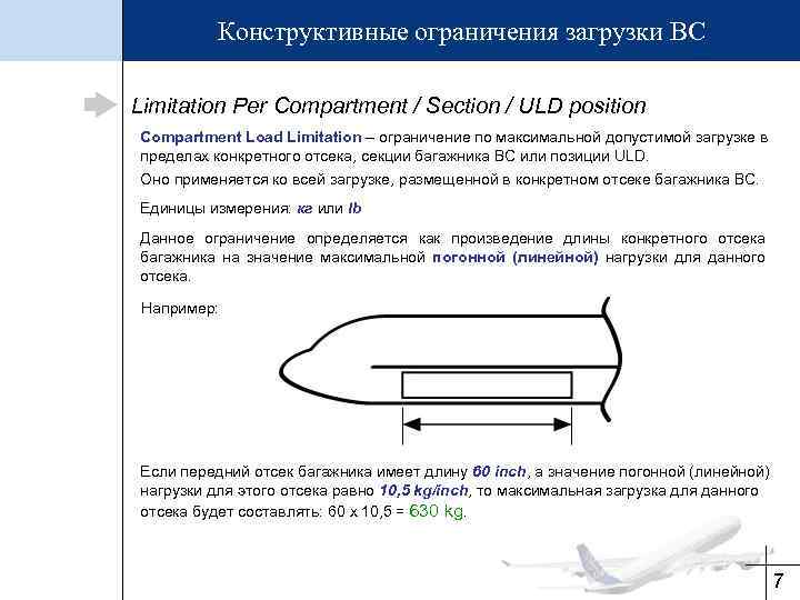 Конструктивные ограничения загрузки ВС Limitation Per Compartment / Section / ULD position Compartment Load