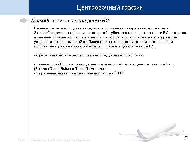Центровочный график Методы расчета центровки ВС Перед взлетом необходимо определить положение центра тяжести самолета.