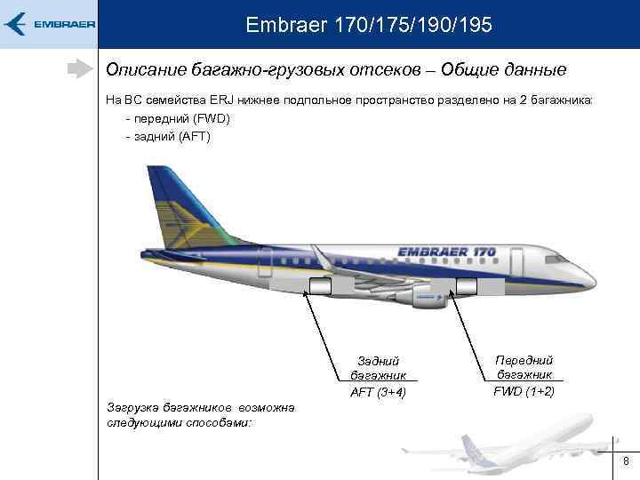 Embraer 170/175/190/195 Описание багажно-грузовых отсеков – Общие данные На ВС семейства ERJ нижнее подпольное