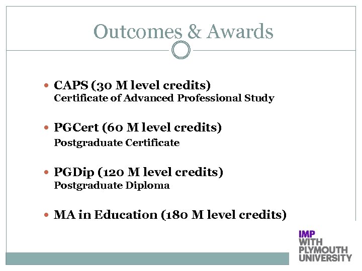 Outcomes & Awards CAPS (30 M level credits) Certificate of Advanced Professional Study PGCert