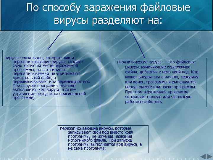 По способу заражения файловые вирусы разделяют на: вирусы компаньоны, которые, как и перезаписывающие вирусы,