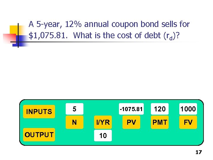 A 5 -year, 12% annual coupon bond sells for $1, 075. 81. What is
