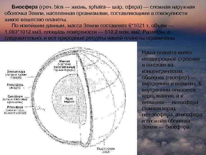 Биосфера (греч. bios — жизнь, sphaira— шар, сфера) — сложная наружная оболочка Земли, населенная