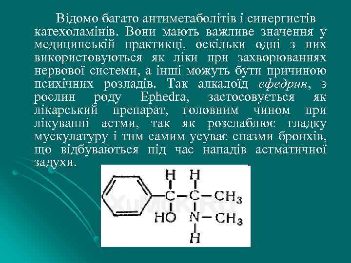 Відомо багато антиметаболітів і синергистiв катехоламінів. Вони мають важливе значення у медицинськiй практикцi, оскільки