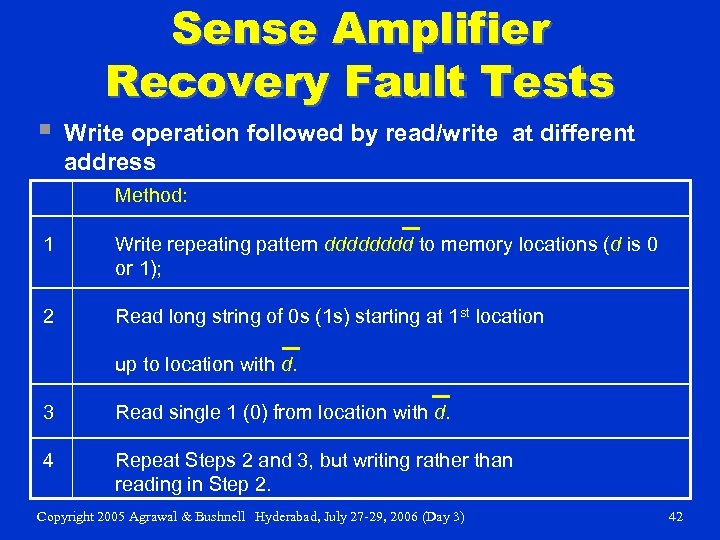 § Sense Amplifier Recovery Fault Tests Write operation followed by read/write at different address