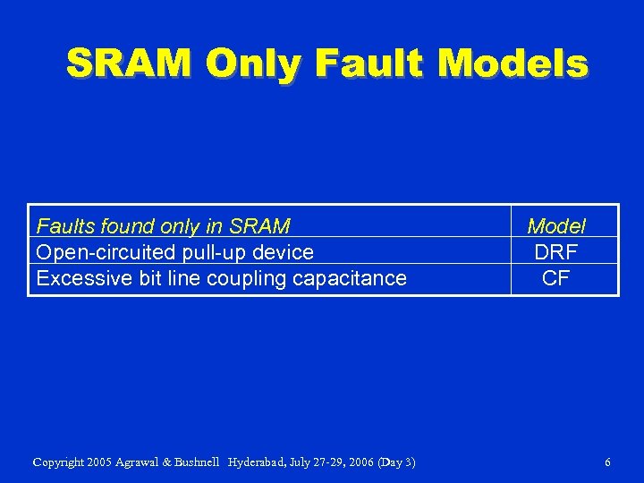 SRAM Only Fault Models Faults found only in SRAM Open-circuited pull-up device Excessive bit