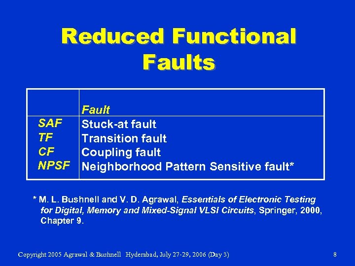 Reduced Functional Faults SAF TF CF NPSF Fault Stuck-at fault Transition fault Coupling fault