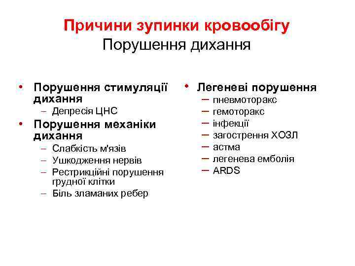 Причини зупинки кровообігу Порушення дихання • Порушення стимуляції дихання – Депресія ЦНС • Порушення