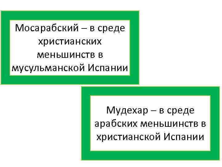 Мосарабский ─ в среде христианских меньшинств в мусульманской Испании Мудехар ─ в среде арабских
