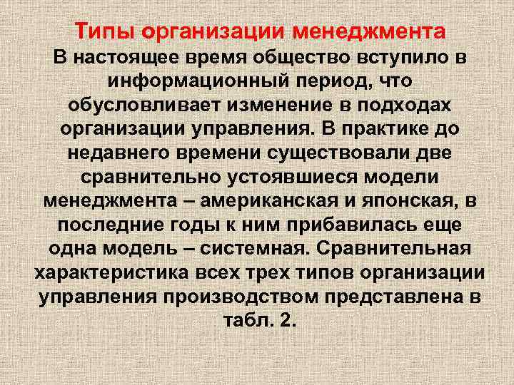 Типы организации менеджмента В настоящее время общество вступило в информационный период, что обусловливает изменение