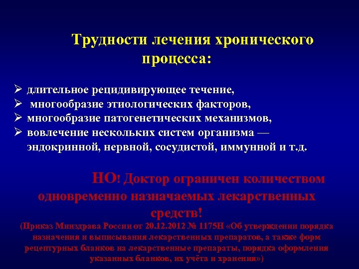 Трудности лечения хронического процесса: Ø Ø длительное рецидивирующее течение, многообразие этиологических факторов, многообразие патогенетических